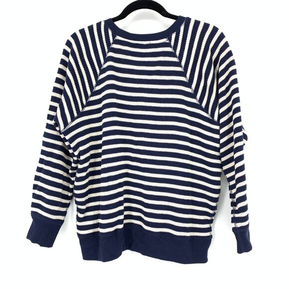 J.Crew Waffle Knit Lounge Set Sweatshirt + Short Womens M Blue Cream Stripe NEW - Picture 10 of 15